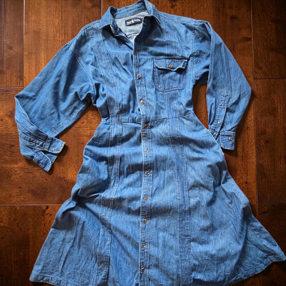 Vintage Ralph Lauren USA Denim Shirt Dress Size 12 Cotton Western Prairie Midi - Picture 8 of 10